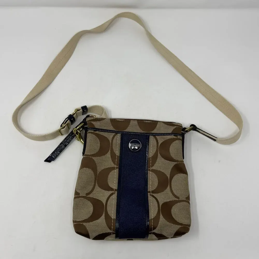 Coach Legacy Signature Stripe Swingpack Crossbody Bag Khaki Navy Canvas Purse